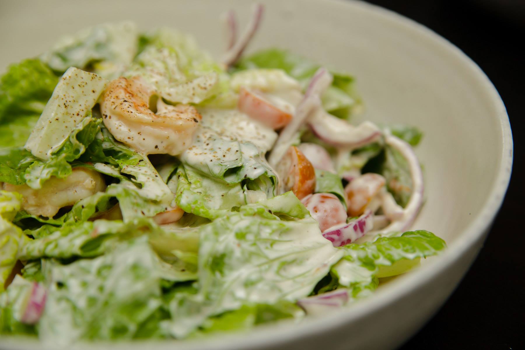 Crispy Romaine & Grilled Shrimp Salad With Tahini Dressing