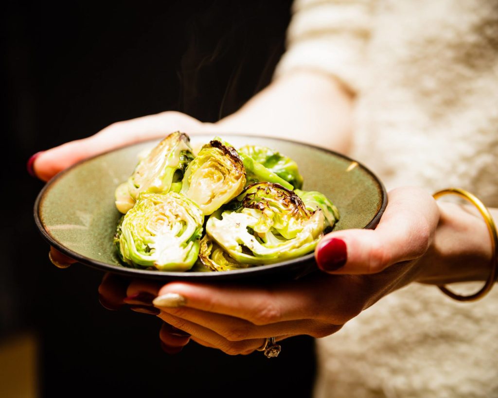 ROASTED BRUSSELS SPROUTS WITH MAPLE MISO DRESSING
